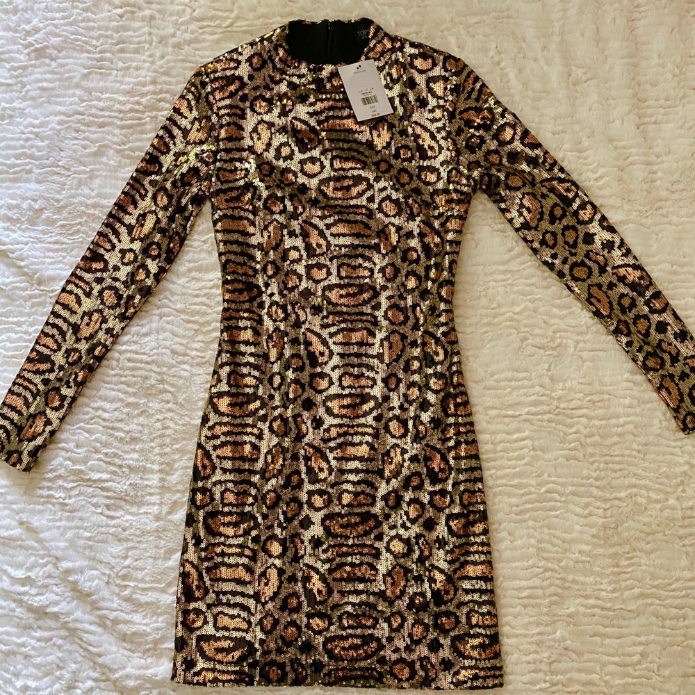 Topshop Leopard print sequin mini dress, size 0, NWOT